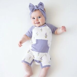 NWOT Kyte baby lavender shortall romper and bow